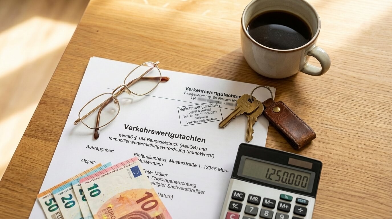 Waage mit Haus auf einer Seite, Geld auf der anderen